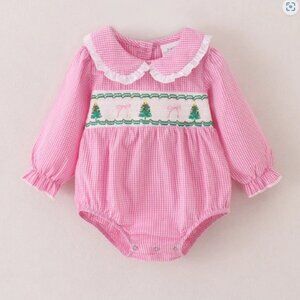 Boutique Christmas Tree Girls Smocked Embroidered Pink Romper Jumpsuit